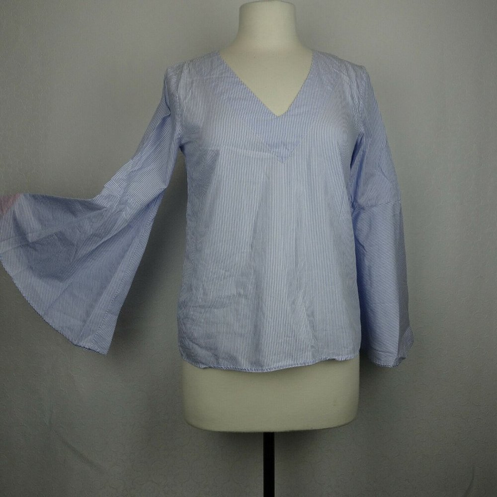Zara Size XS Blue White Striped Shirt Bell Sleeves
